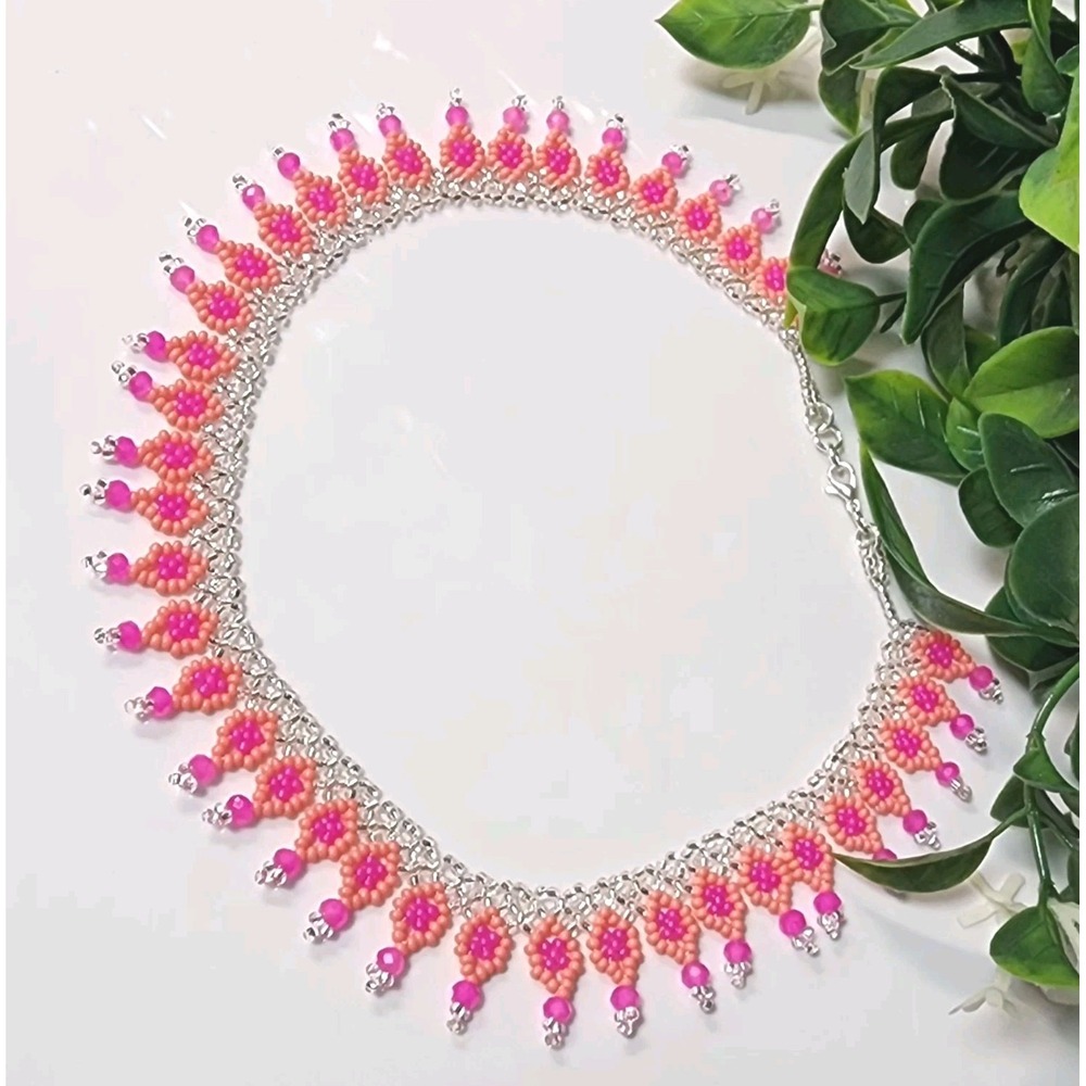 Beautiful Beaded White/Pink Color Necklace. Long 17"